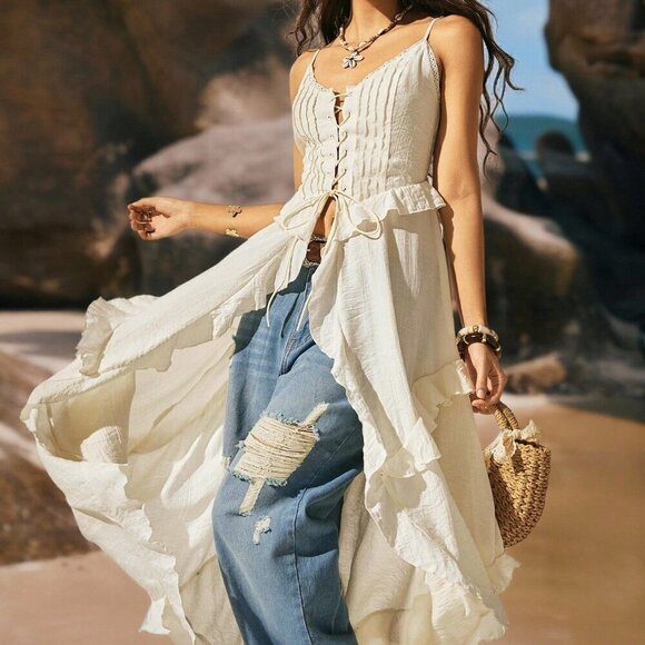 Boho Women's Bohemian Style Vacation V-Neck Semi-Sheer Cami long top - Picture 6 of 8